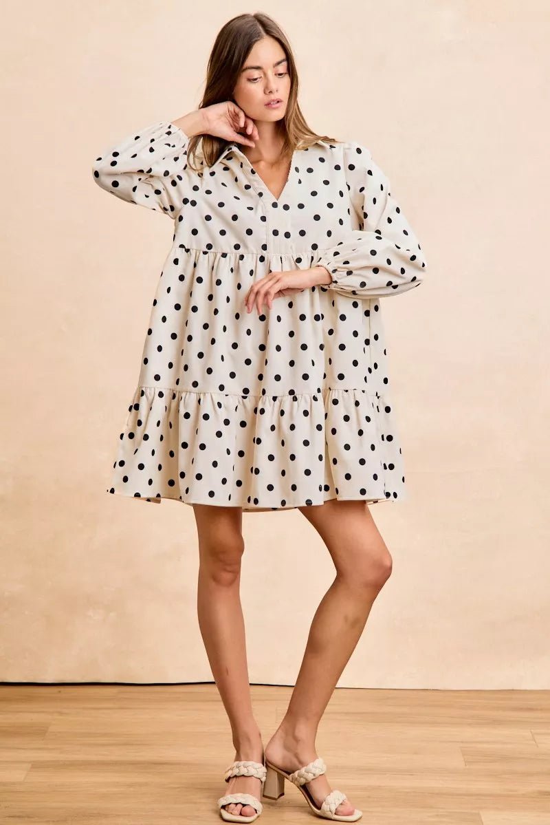 BiBi Polka Dot Corduroy Collared V Neck Dress - Bitsy Gypsy Boutique