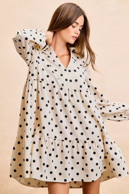 BiBi Polka Dot Corduroy Collared V Neck Dress - Bitsy Gypsy Boutique