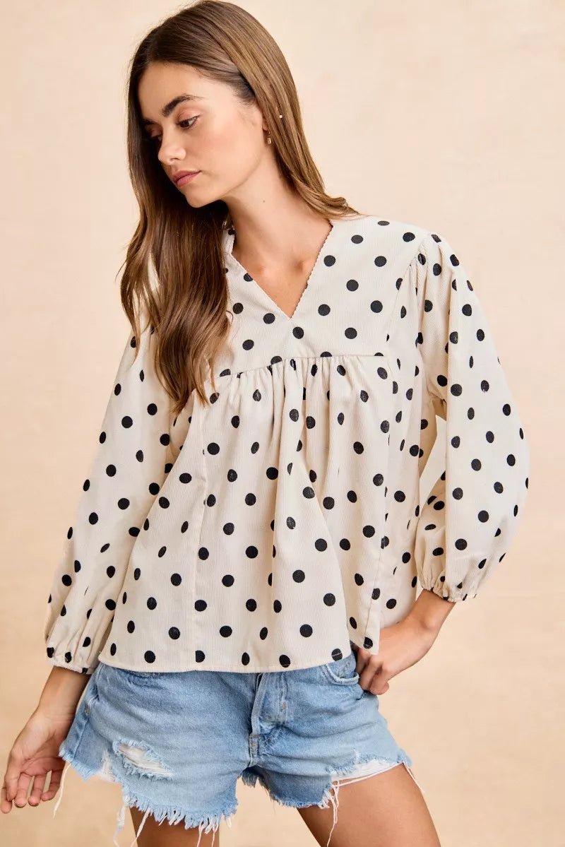 BiBi Polka Dot Corduroy Quarter Sleeves V Neck Blouse - Bitsy Gypsy Boutique
