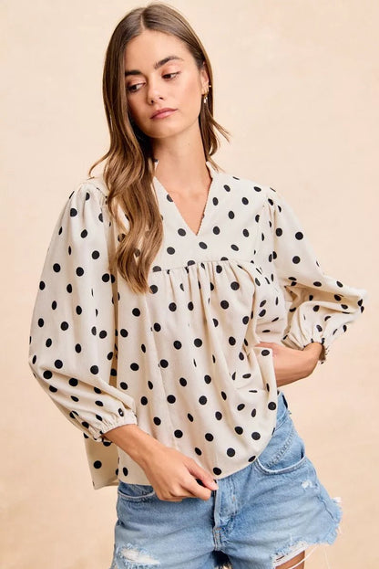 BiBi Polka Dot Corduroy Quarter Sleeves V Neck Blouse - Bitsy Gypsy Boutique