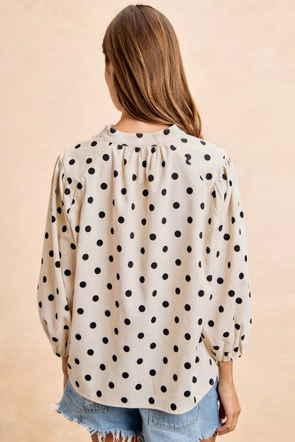 BiBi Polka Dot Corduroy Quarter Sleeves V Neck Blouse - Bitsy Gypsy Boutique