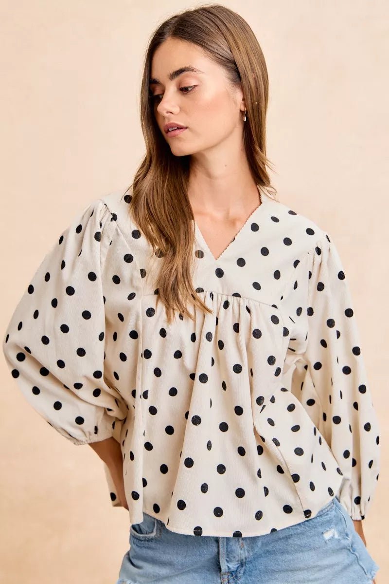 BiBi Polka Dot Corduroy Quarter Sleeves V Neck Blouse - Bitsy Gypsy Boutique