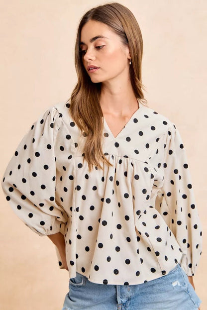 BiBi Polka Dot Corduroy Quarter Sleeves V Neck Blouse - Bitsy Gypsy Boutique