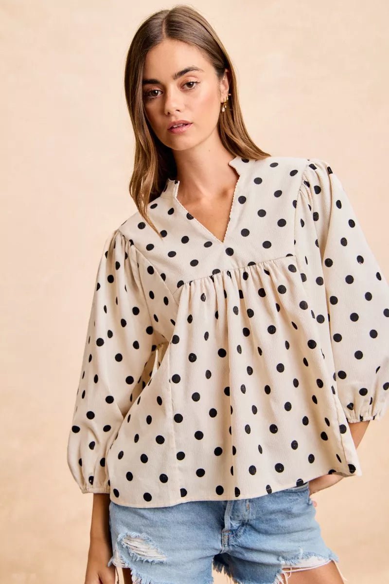 BiBi Polka Dot Corduroy Quarter Sleeves V Neck Blouse - Bitsy Gypsy Boutique