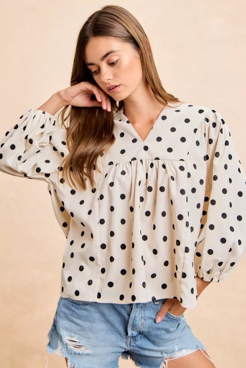 BiBi Polka Dot Corduroy Quarter Sleeves V Neck Blouse - Bitsy Gypsy Boutique