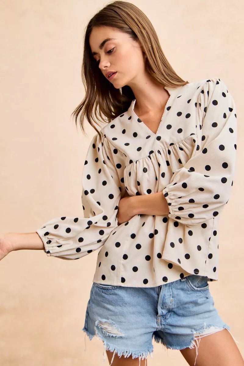 BiBi Polka Dot Corduroy Quarter Sleeves V Neck Blouse - Bitsy Gypsy Boutique