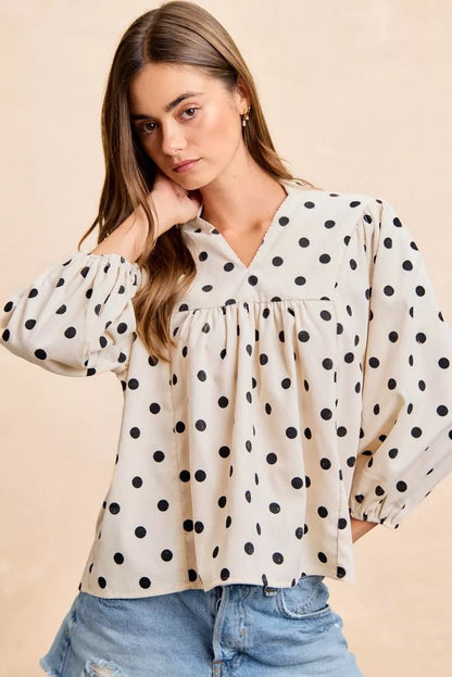 BiBi Polka Dot Corduroy Quarter Sleeves V Neck Blouse - Bitsy Gypsy Boutique