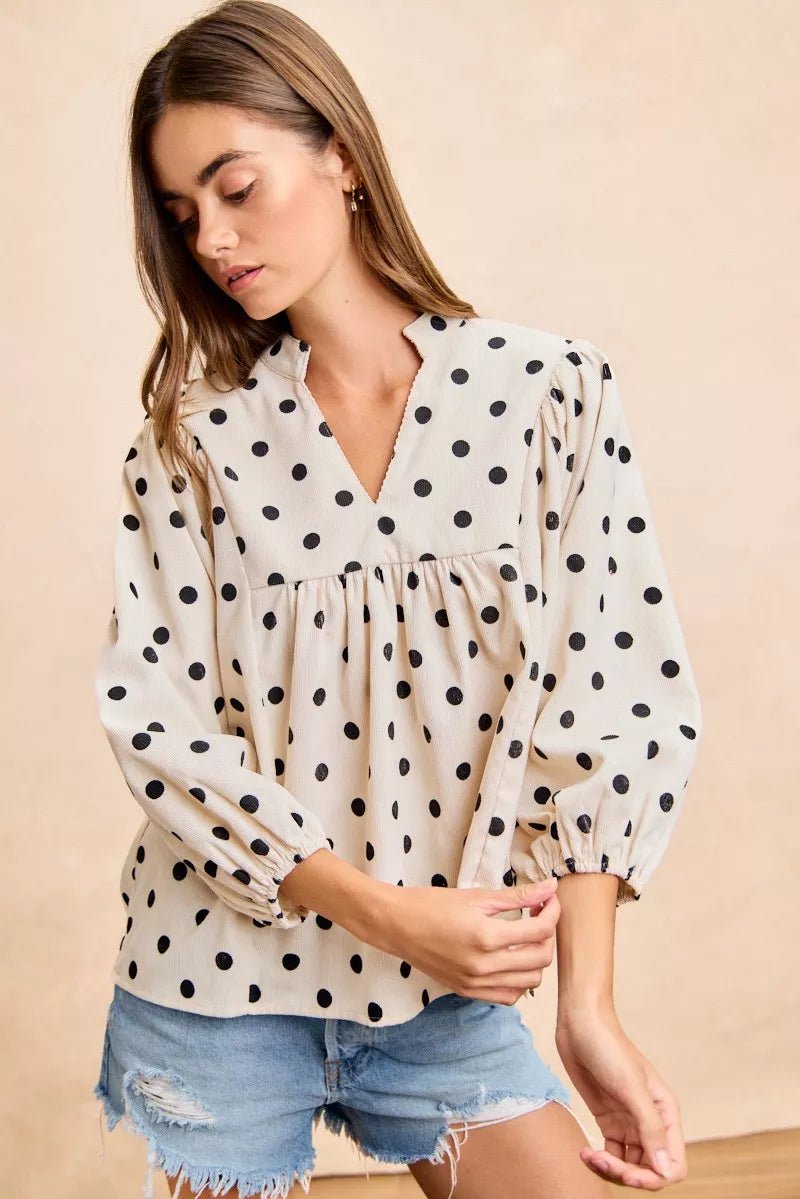 BiBi Polka Dot Corduroy Quarter Sleeves V Neck Blouse - Bitsy Gypsy Boutique