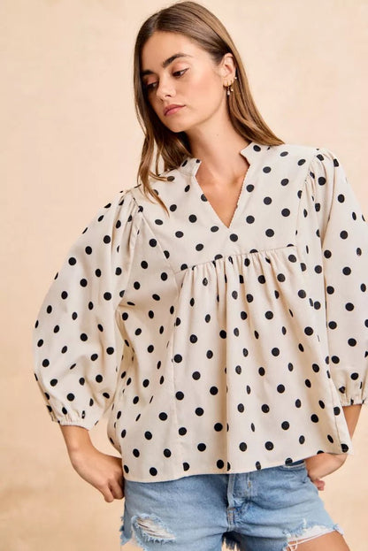 BiBi Polka Dot Corduroy Quarter Sleeves V Neck Blouse - Bitsy Gypsy Boutique