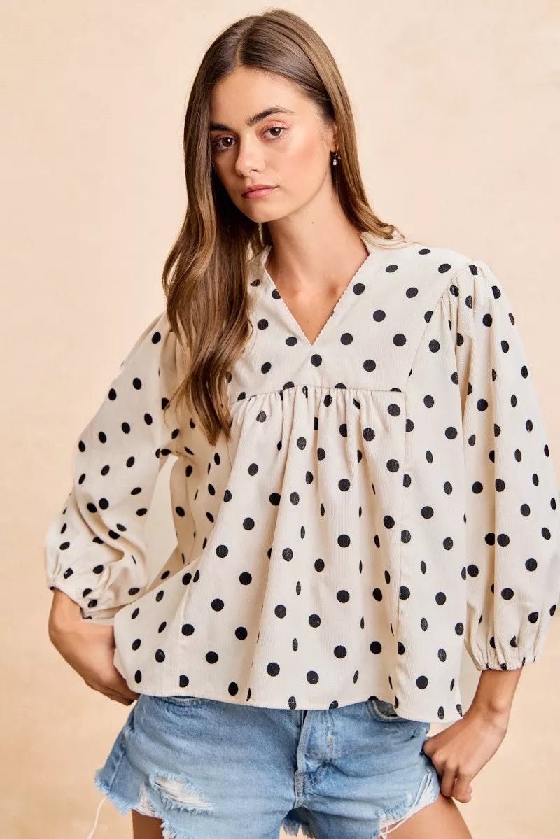 BiBi Polka Dot Corduroy Quarter Sleeves V Neck Blouse - Bitsy Gypsy Boutique