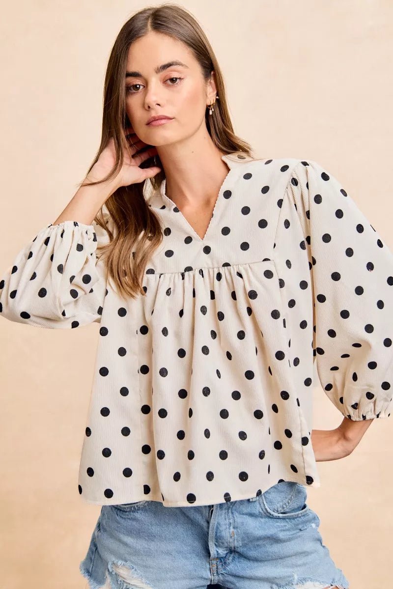 BiBi Polka Dot Corduroy Quarter Sleeves V Neck Blouse - Bitsy Gypsy Boutique