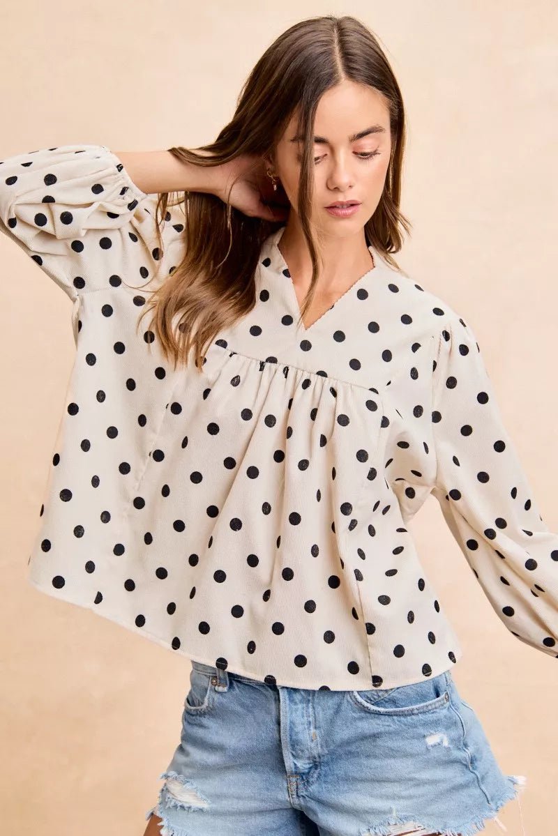 BiBi Polka Dot Corduroy Quarter Sleeves V Neck Blouse - Bitsy Gypsy Boutique