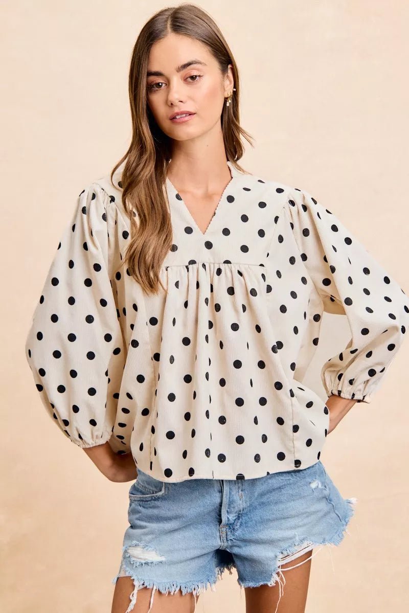 BiBi Polka Dot Corduroy Quarter Sleeves V Neck Blouse - Bitsy Gypsy Boutique