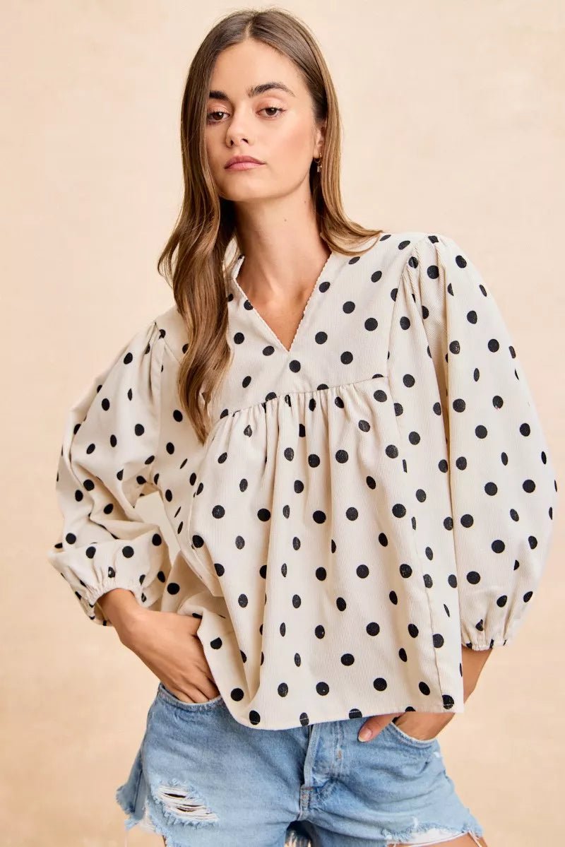 BiBi Polka Dot Corduroy Quarter Sleeves V Neck Blouse - Bitsy Gypsy Boutique