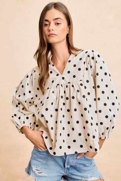 BiBi Polka Dot Corduroy Quarter Sleeves V Neck Blouse - Bitsy Gypsy Boutique