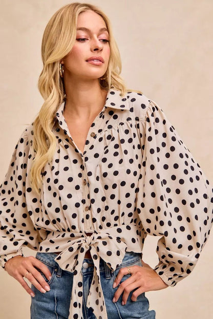 BiBi Polka Dot Print Tie Hem Detail Crop Shirt - Bitsy Gypsy Boutique