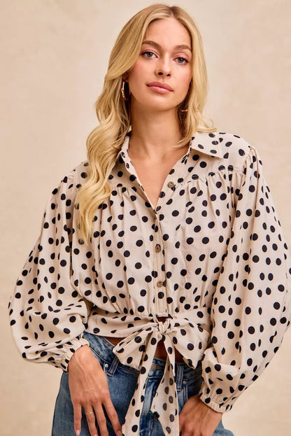 BiBi Polka Dot Print Tie Hem Detail Crop Shirt - Bitsy Gypsy Boutique