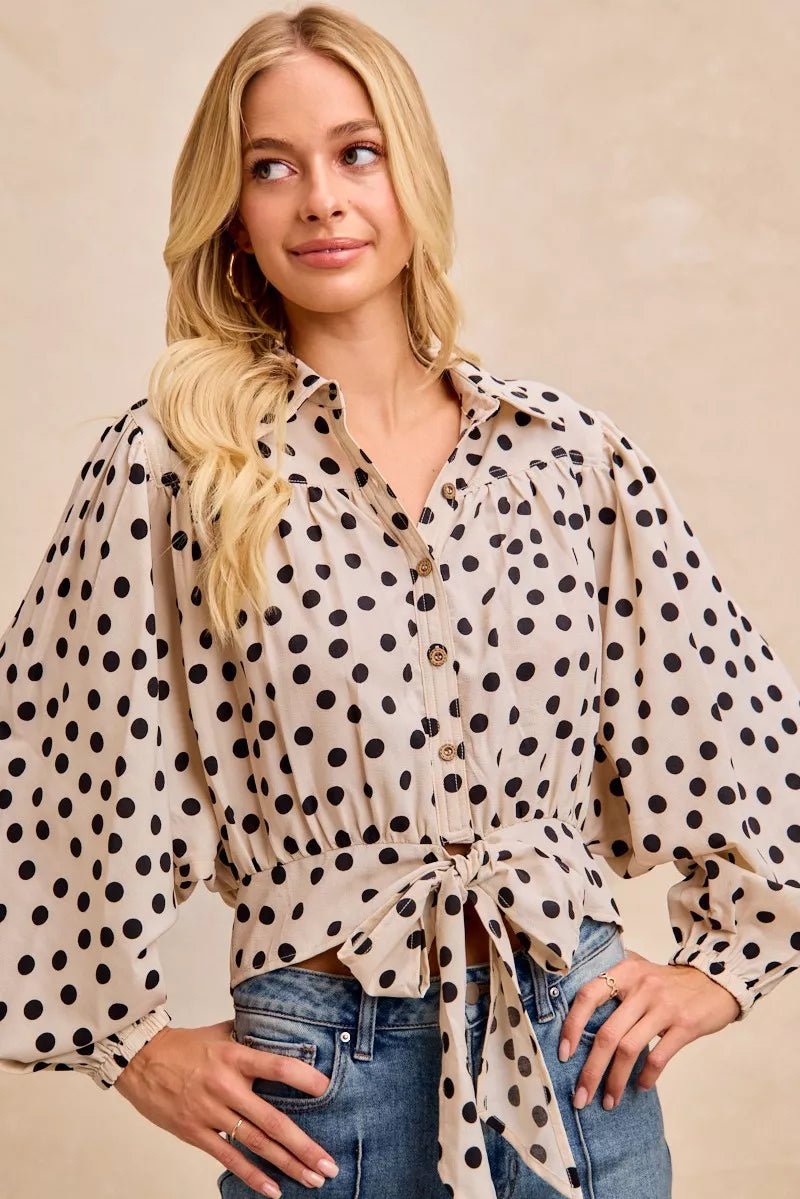 BiBi Polka Dot Print Tie Hem Detail Crop Shirt - Bitsy Gypsy Boutique