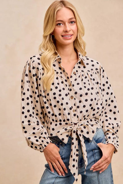 BiBi Polka Dot Print Tie Hem Detail Crop Shirt - Bitsy Gypsy Boutique