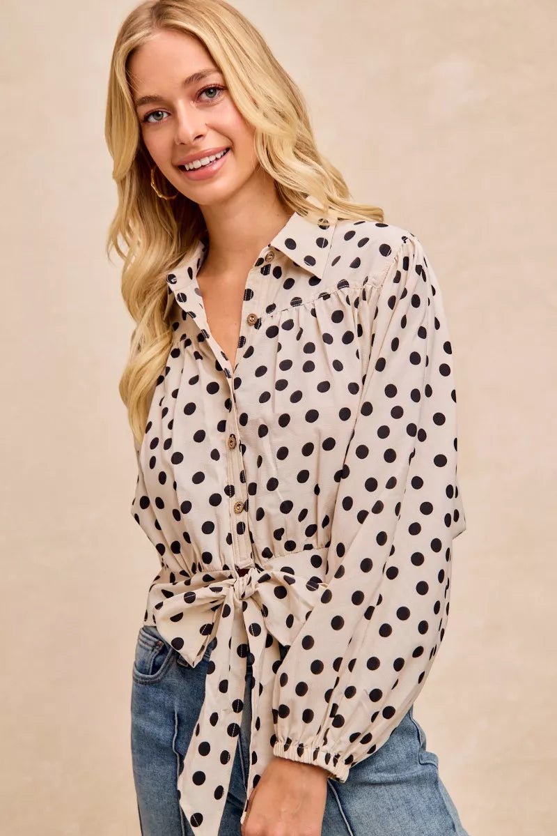 BiBi Polka Dot Print Tie Hem Detail Crop Shirt - Bitsy Gypsy Boutique