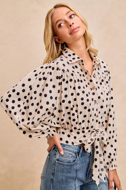 BiBi Polka Dot Print Tie Hem Detail Crop Shirt - Bitsy Gypsy Boutique