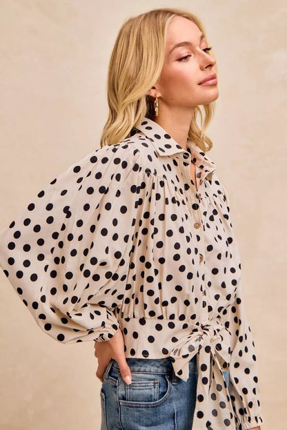BiBi Polka Dot Print Tie Hem Detail Crop Shirt - Bitsy Gypsy Boutique