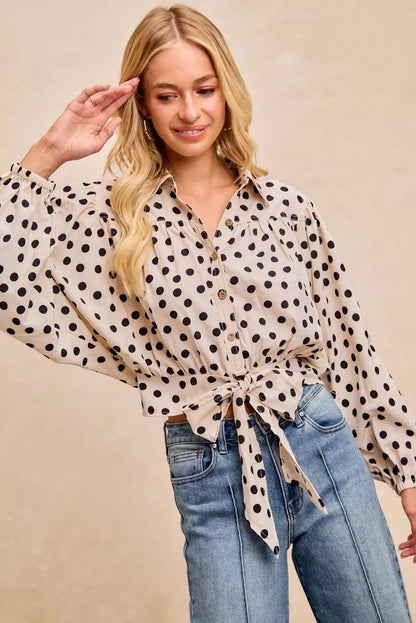 BiBi Polka Dot Print Tie Hem Detail Crop Shirt - Bitsy Gypsy Boutique
