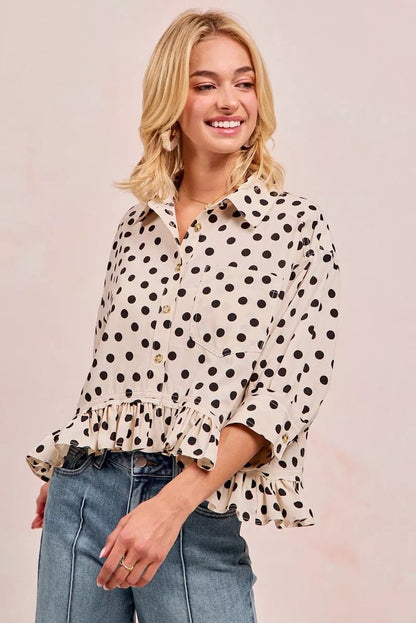 BiBi Polka Dot Printed Peplum Top with Front Button - Bitsy Gypsy Boutique