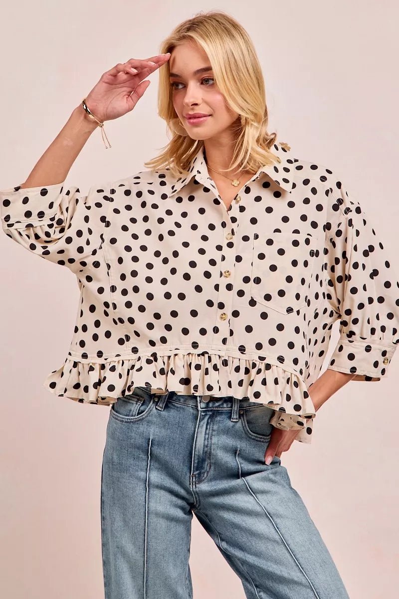 BiBi Polka Dot Printed Peplum Top with Front Button - Bitsy Gypsy Boutique