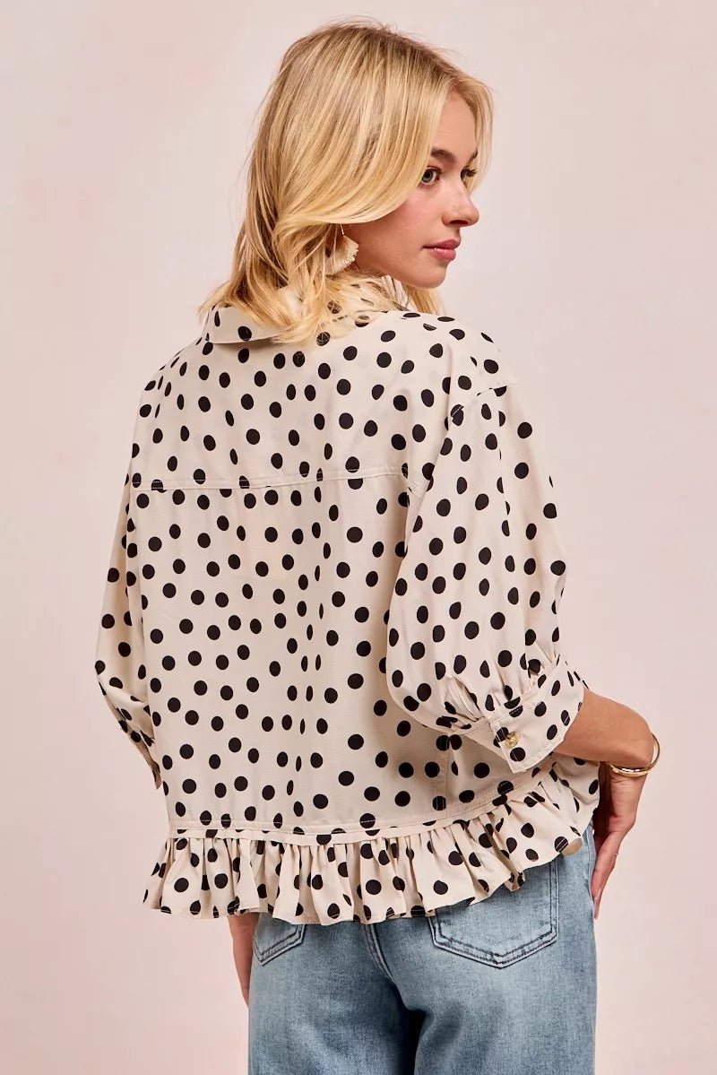 BiBi Polka Dot Printed Peplum Top with Front Button - Bitsy Gypsy Boutique