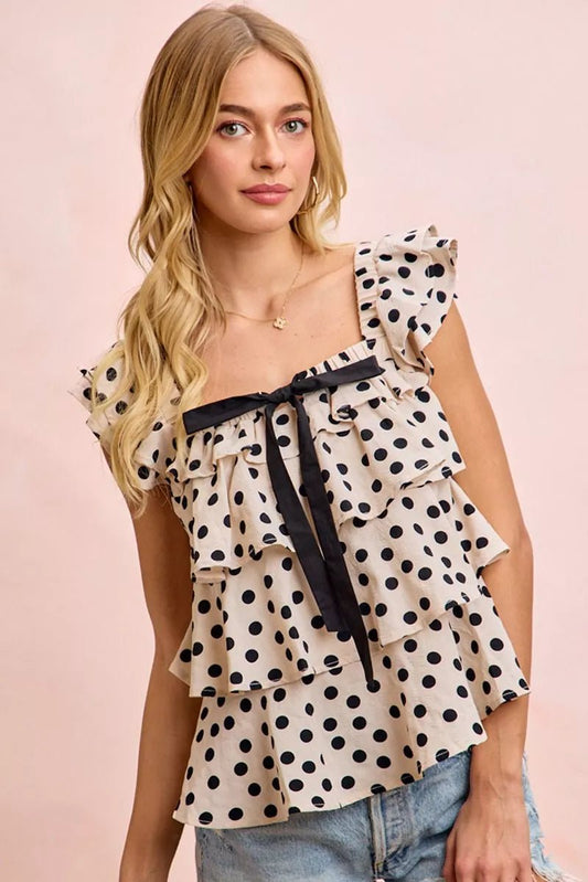 BiBi Polka Dot Ruffled Bow Tied Square Neck Sleeveless Top - Bitsy Gypsy Boutique