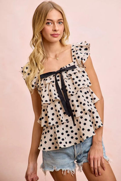 BiBi Polka Dot Ruffled Bow Tied Square Neck Sleeveless Top - Bitsy Gypsy Boutique
