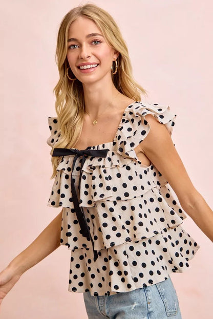 BiBi Polka Dot Ruffled Bow Tied Square Neck Sleeveless Top - Bitsy Gypsy Boutique