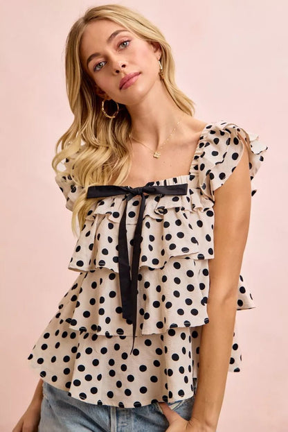 BiBi Polka Dot Ruffled Bow Tied Square Neck Sleeveless Top - Bitsy Gypsy Boutique