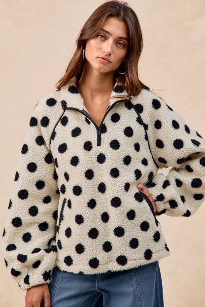 BiBi Polka Dot Sherpa Half Zip Up Top with Side Pocket - Bitsy Gypsy Boutique