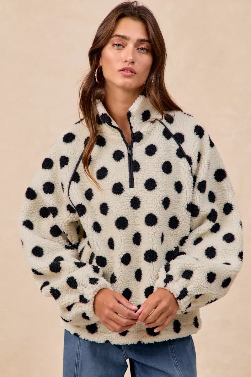 BiBi Polka Dot Sherpa Half Zip Up Top with Side Pocket - Bitsy Gypsy Boutique