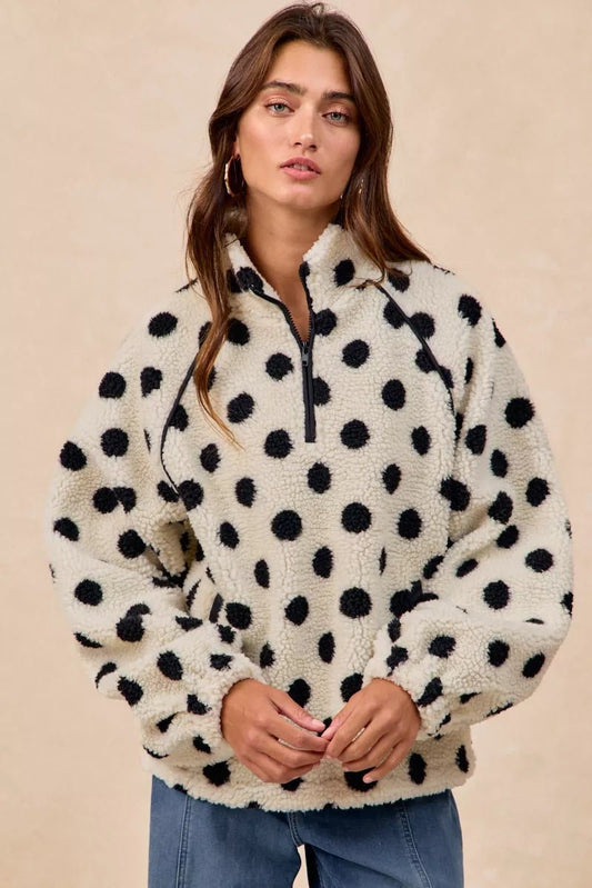 BiBi Polka Dot Sherpa Half Zip Up Top with Side Pocket - Bitsy Gypsy Boutique