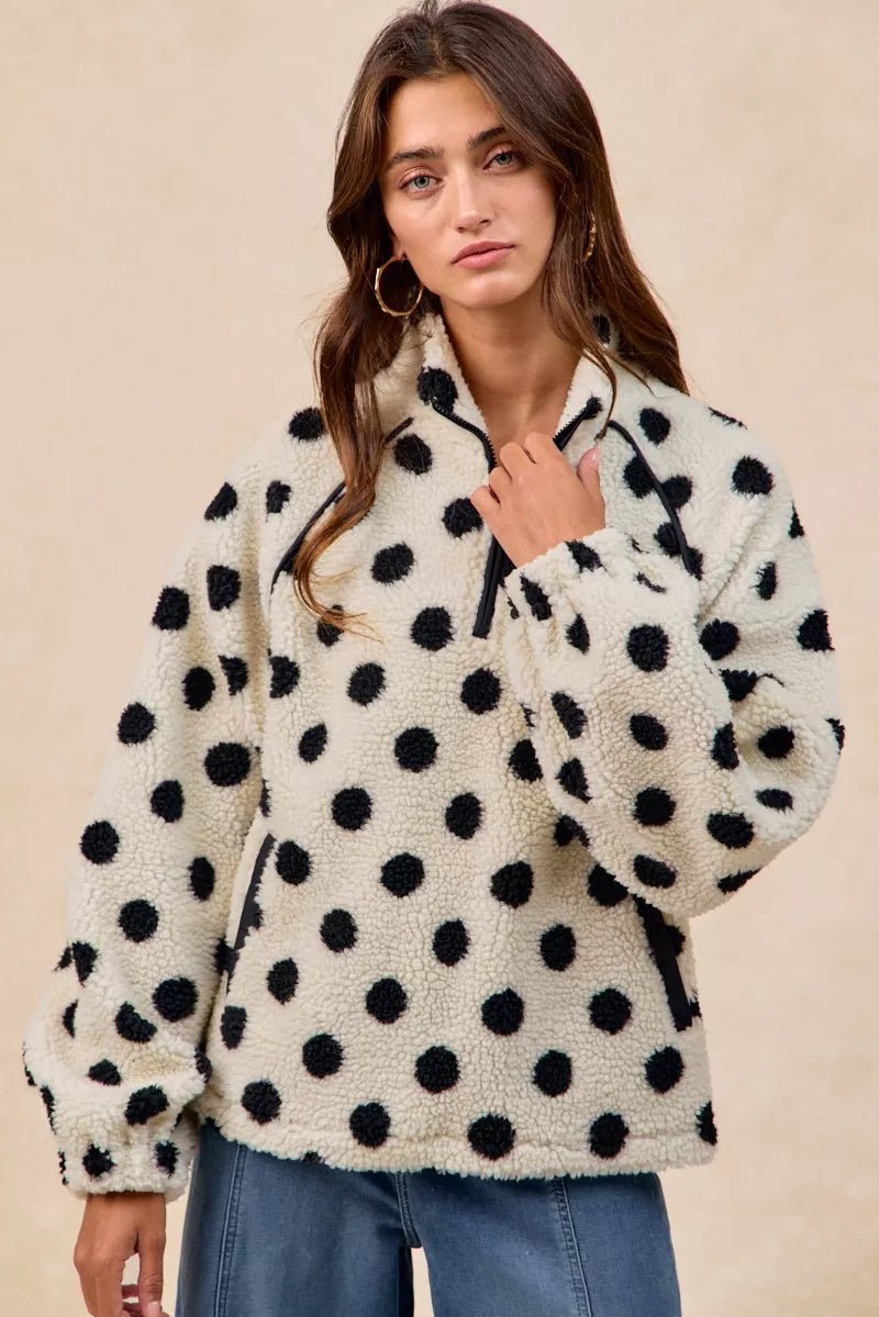 BiBi Polka Dot Sherpa Half Zip Up Top with Side Pocket - Bitsy Gypsy Boutique