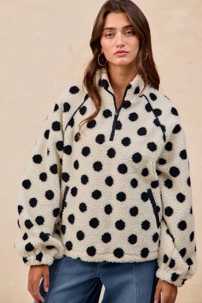 BiBi Polka Dot Sherpa Half Zip Up Top with Side Pocket - Bitsy Gypsy Boutique