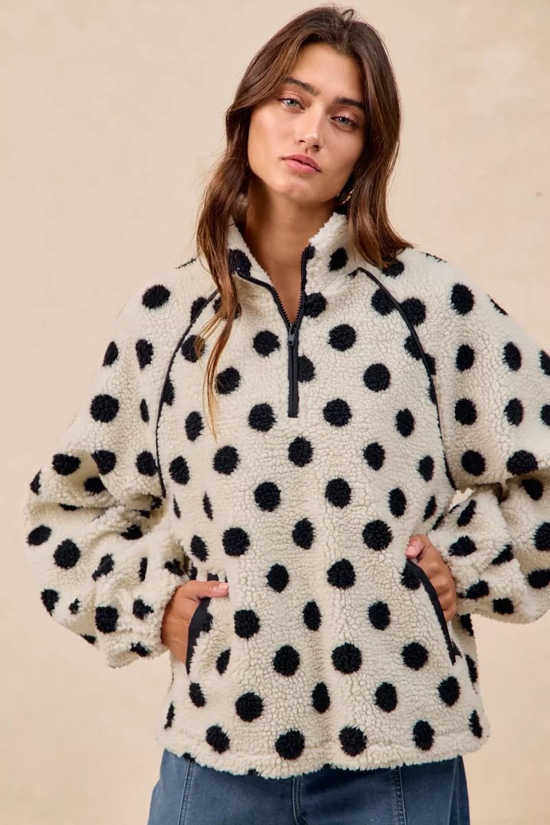 BiBi Polka Dot Sherpa Half Zip Up Top with Side Pocket - Bitsy Gypsy Boutique