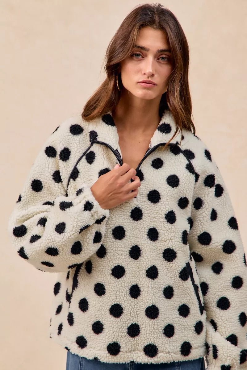 BiBi Polka Dot Sherpa Half Zip Up Top with Side Pocket - Bitsy Gypsy Boutique
