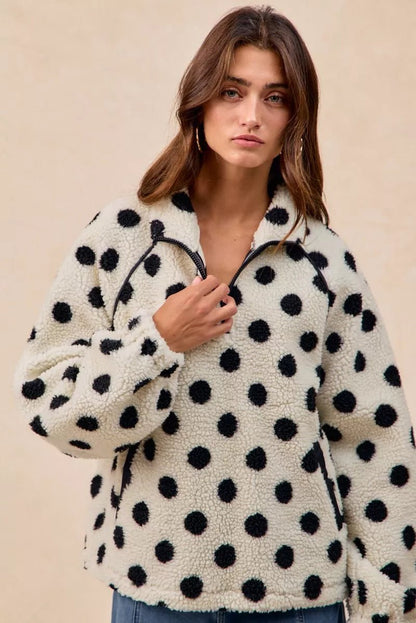 BiBi Polka Dot Sherpa Half Zip Up Top with Side Pocket - Bitsy Gypsy Boutique