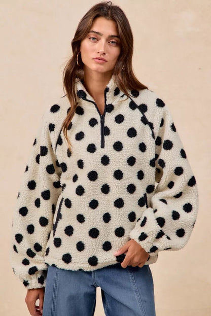BiBi Polka Dot Sherpa Half Zip Up Top with Side Pocket - Bitsy Gypsy Boutique