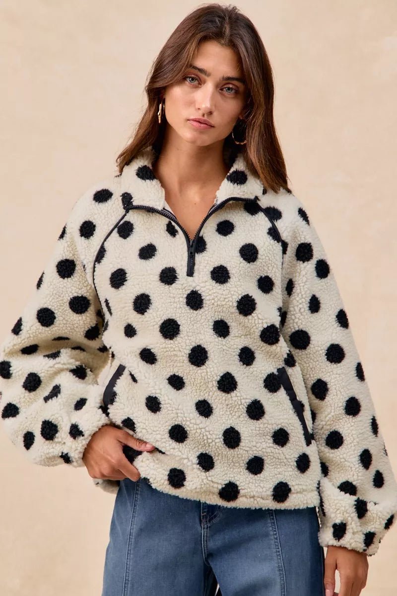 BiBi Polka Dot Sherpa Half Zip Up Top with Side Pocket - Bitsy Gypsy Boutique