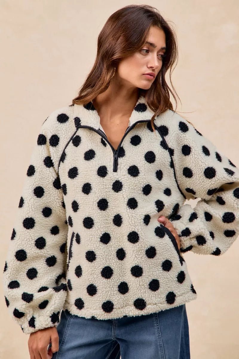 BiBi Polka Dot Sherpa Half Zip Up Top with Side Pocket - Bitsy Gypsy Boutique