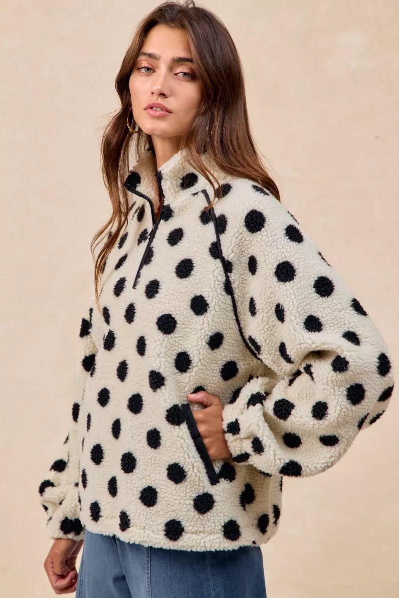 BiBi Polka Dot Sherpa Half Zip Up Top with Side Pocket - Bitsy Gypsy Boutique