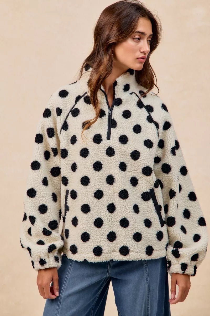 BiBi Polka Dot Sherpa Half Zip Up Top with Side Pocket - Bitsy Gypsy Boutique