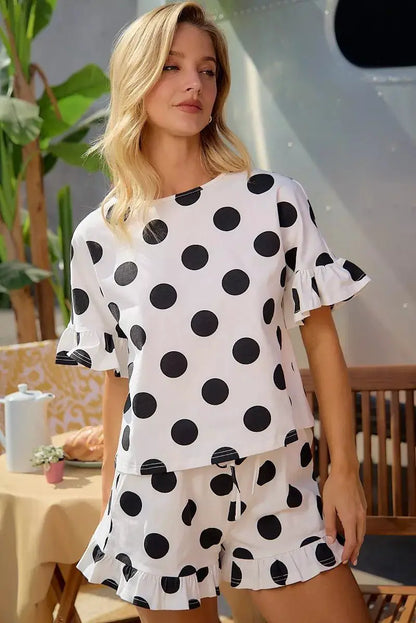 BiBi Polka Dots Printed Ruffled Detail Top And Shorts Set by Trendsi