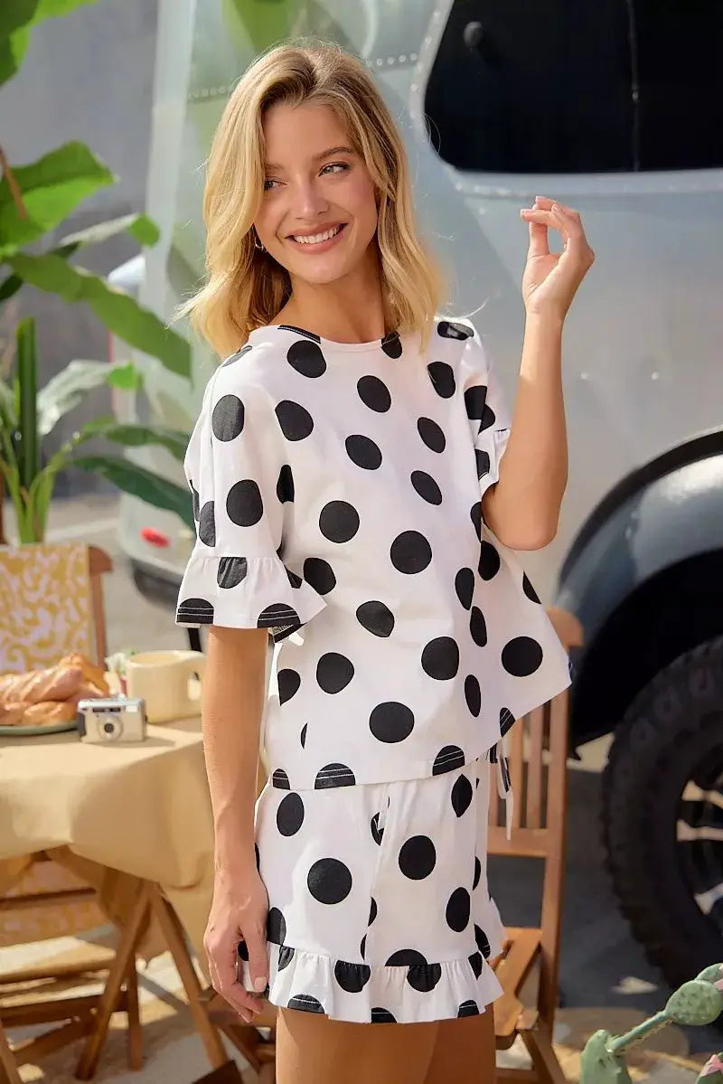 BiBi Polka Dots Printed Ruffled Detail Top And Shorts Set by Trendsi