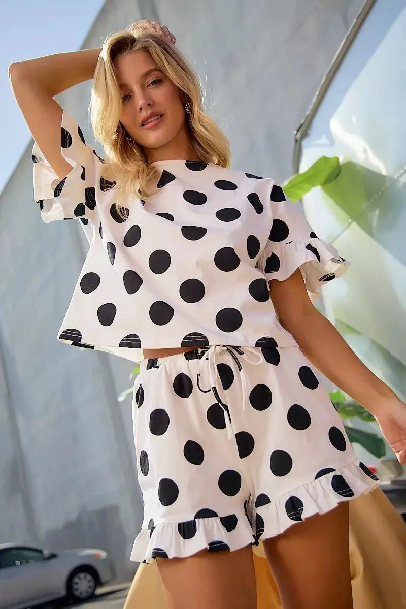 BiBi Polka Dots Printed Ruffled Detail Top And Shorts Set by Trendsi